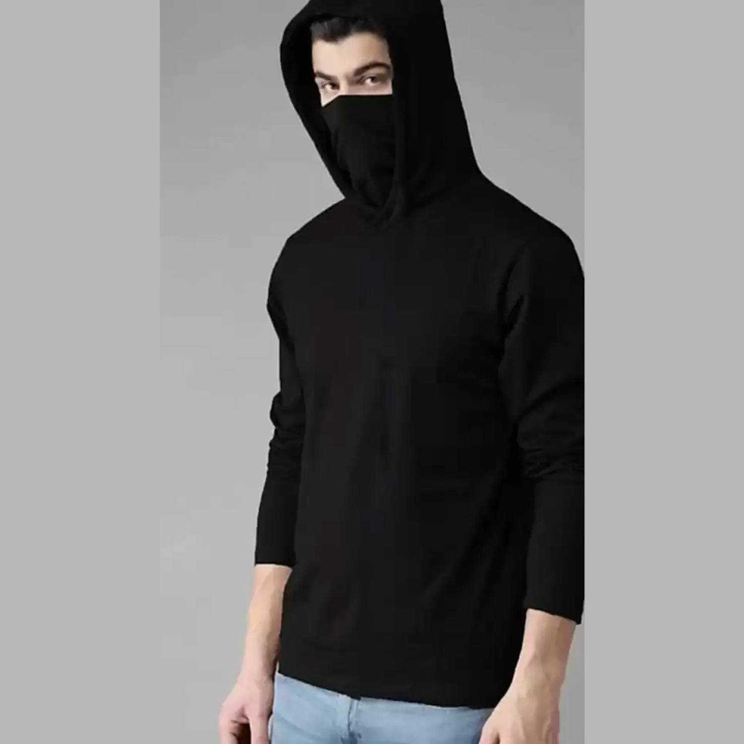 INSANITEE Men Solid Hooded Neck Cotton Blend Black T-Shirt