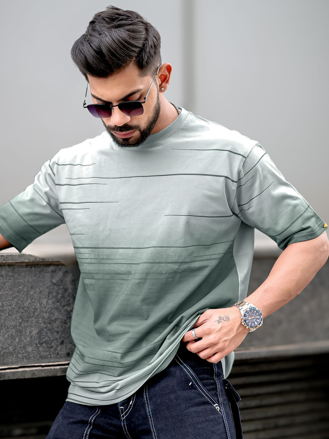 Image of MANIAC Men Printed Round Neck Cotton Blend Grey T-Shirt