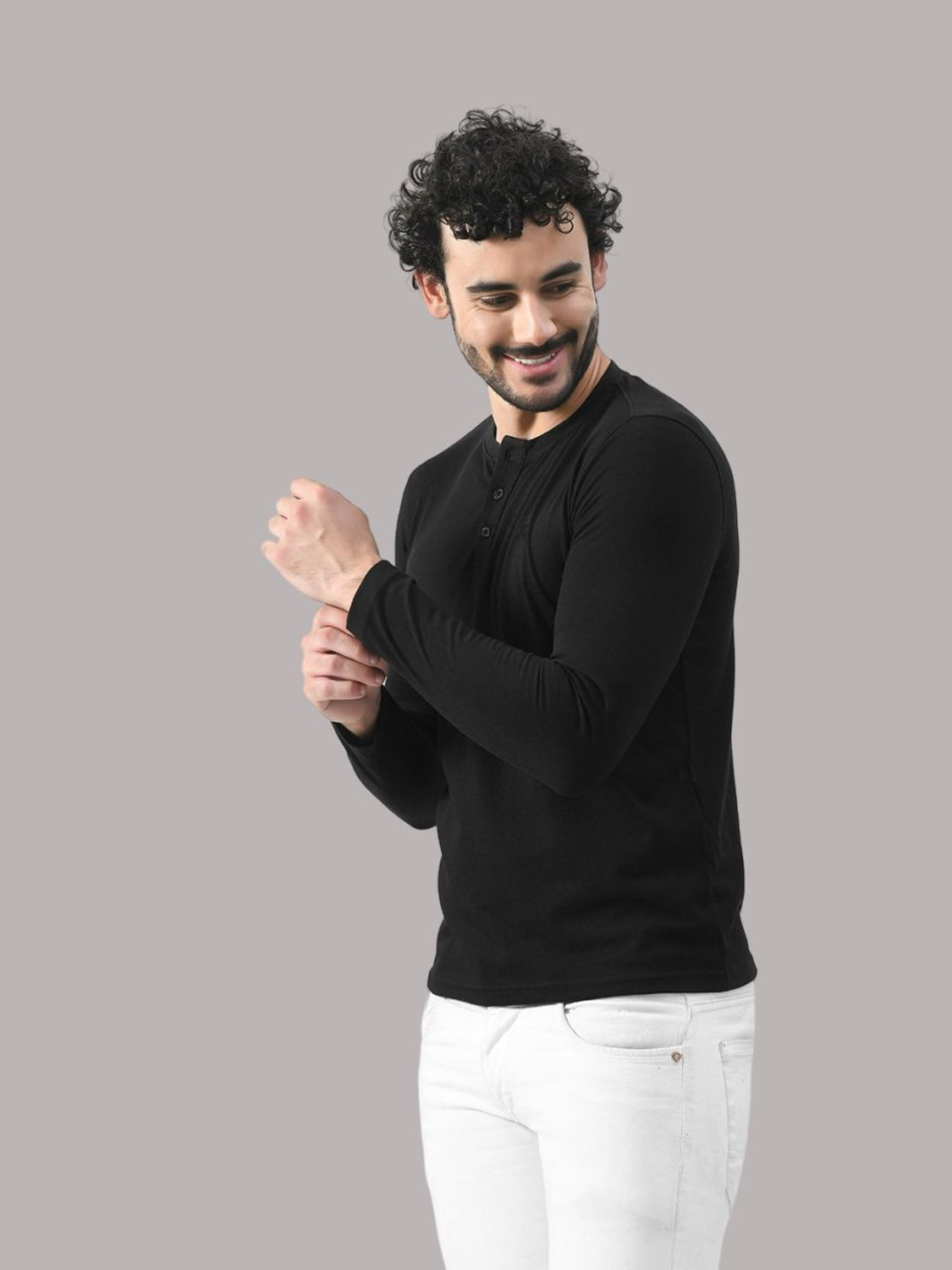 Image of Lawful Casual Solid Men Henley Neck Black T-Shirt