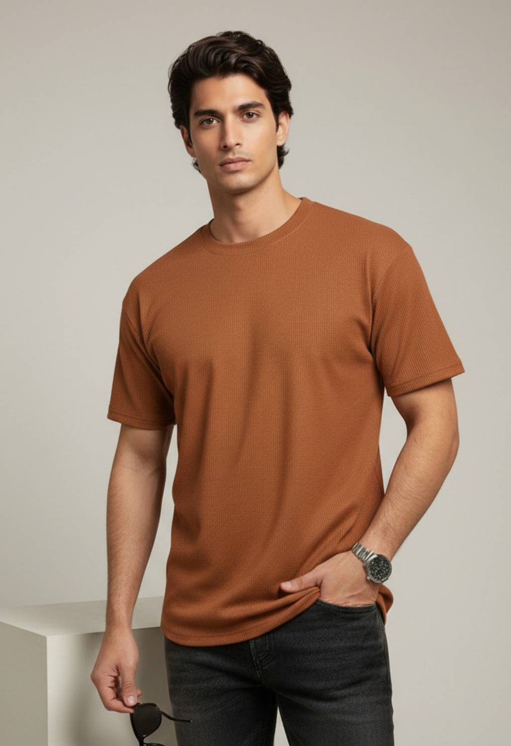 METRONAUT Self Design Men Round Neck Polyester Brown T-Shirt
