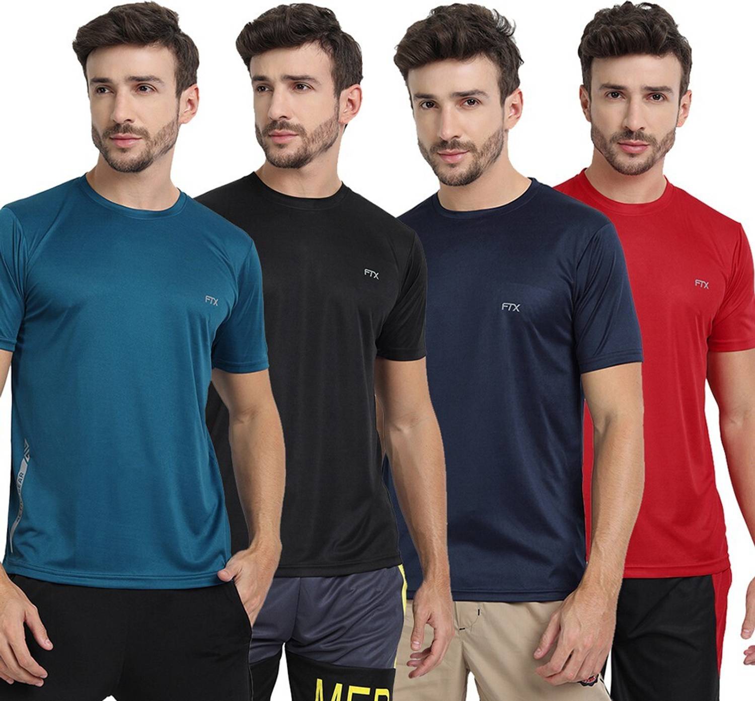 FTX Pack of 4 Men Solid Round Neck Polyester Multicolor T-Shirt