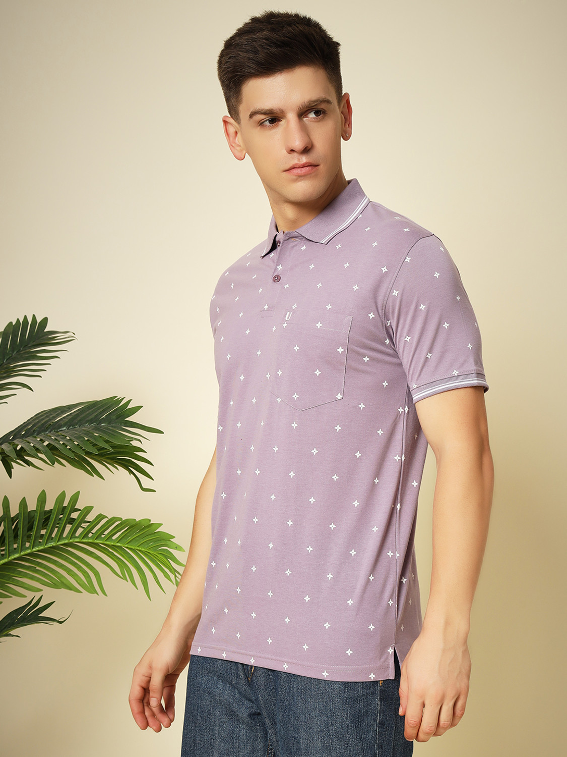 Image of UNIBERRY Printed Men Polo Neck Purple T-Shirt