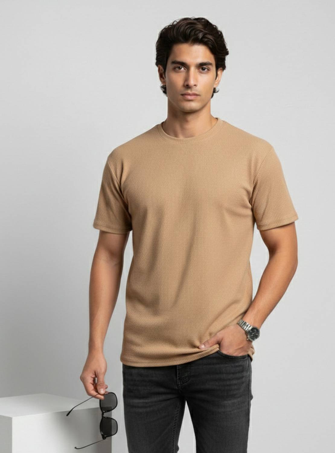 METRONAUT Self Design Men Round Neck Polyester Beige T-Shirt
