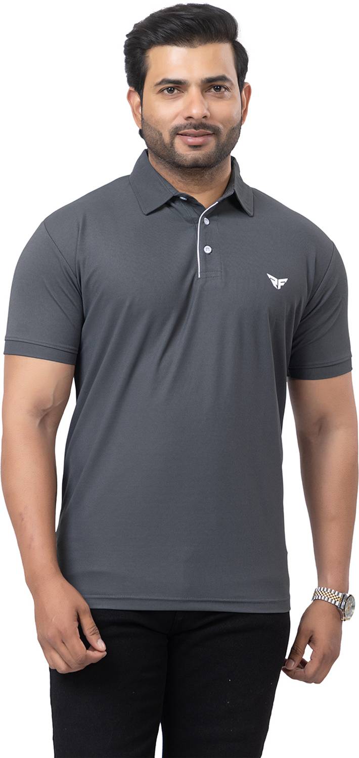 redfort Men Solid Polo Neck Cotton Blend Grey T-Shirt