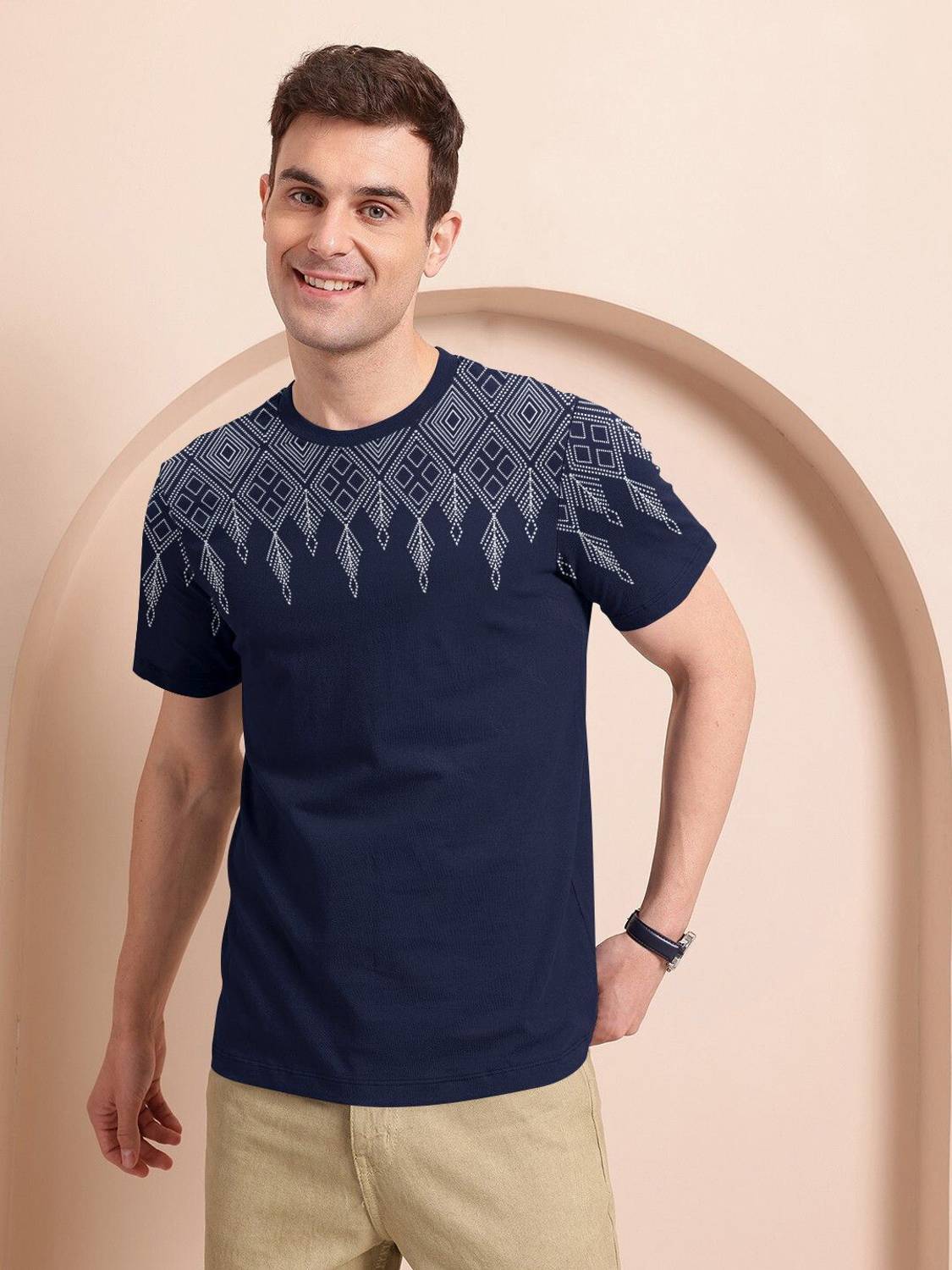 Starvy Printed Men Round Neck Navy Blue T-Shirt