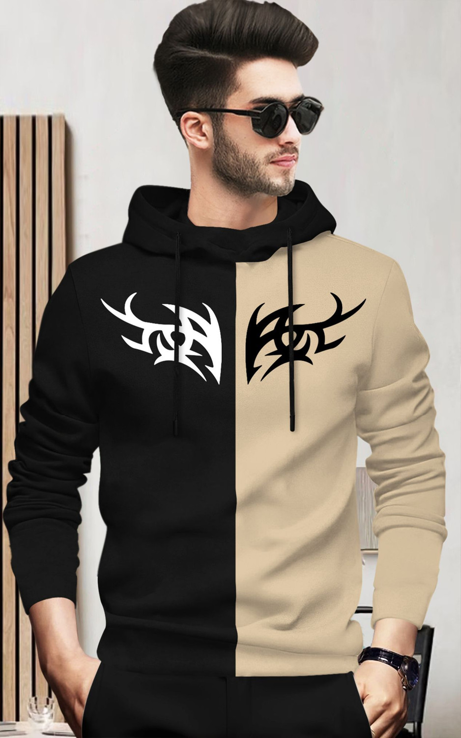 Image of BLIVE Printed Men Hooded Neck Black, Beige T-Shirt