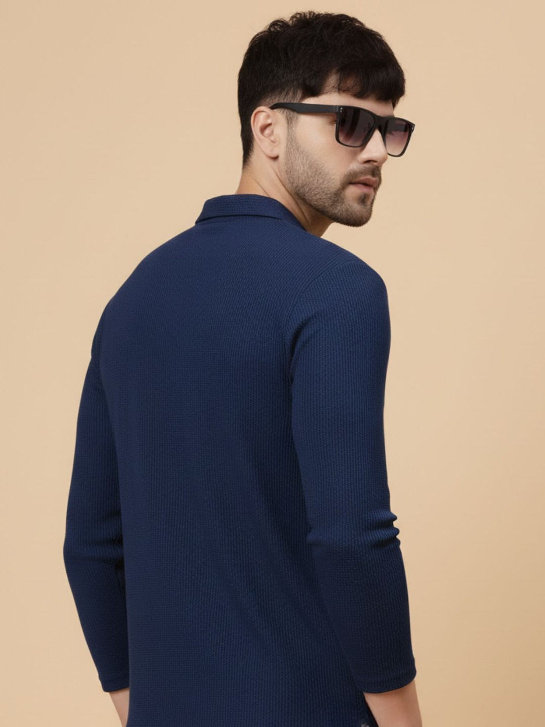 Image of RIGO Self Design Men Polo Neck Navy Blue T-Shirt