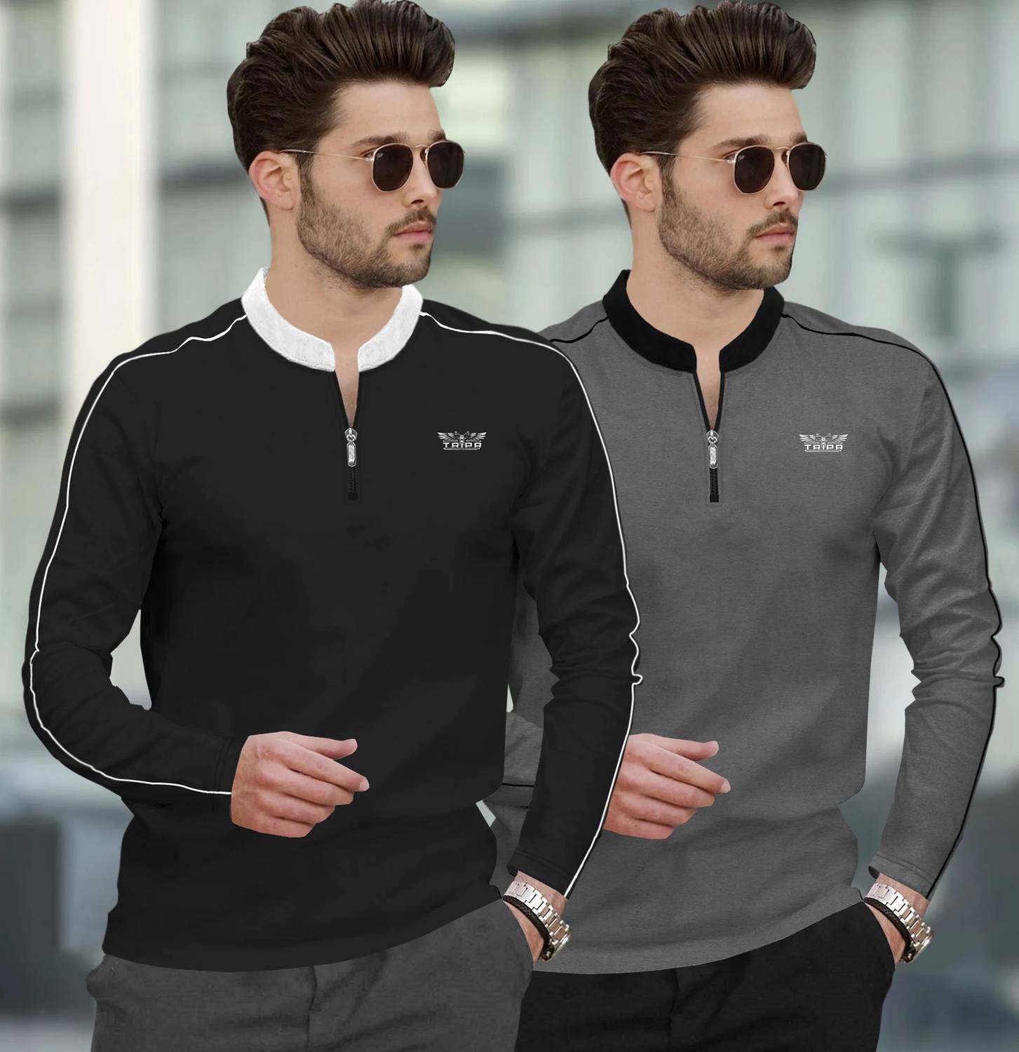 TRIPR Pack of 2 Men Solid Mandarin Collar Cotton Blend Black, Gre