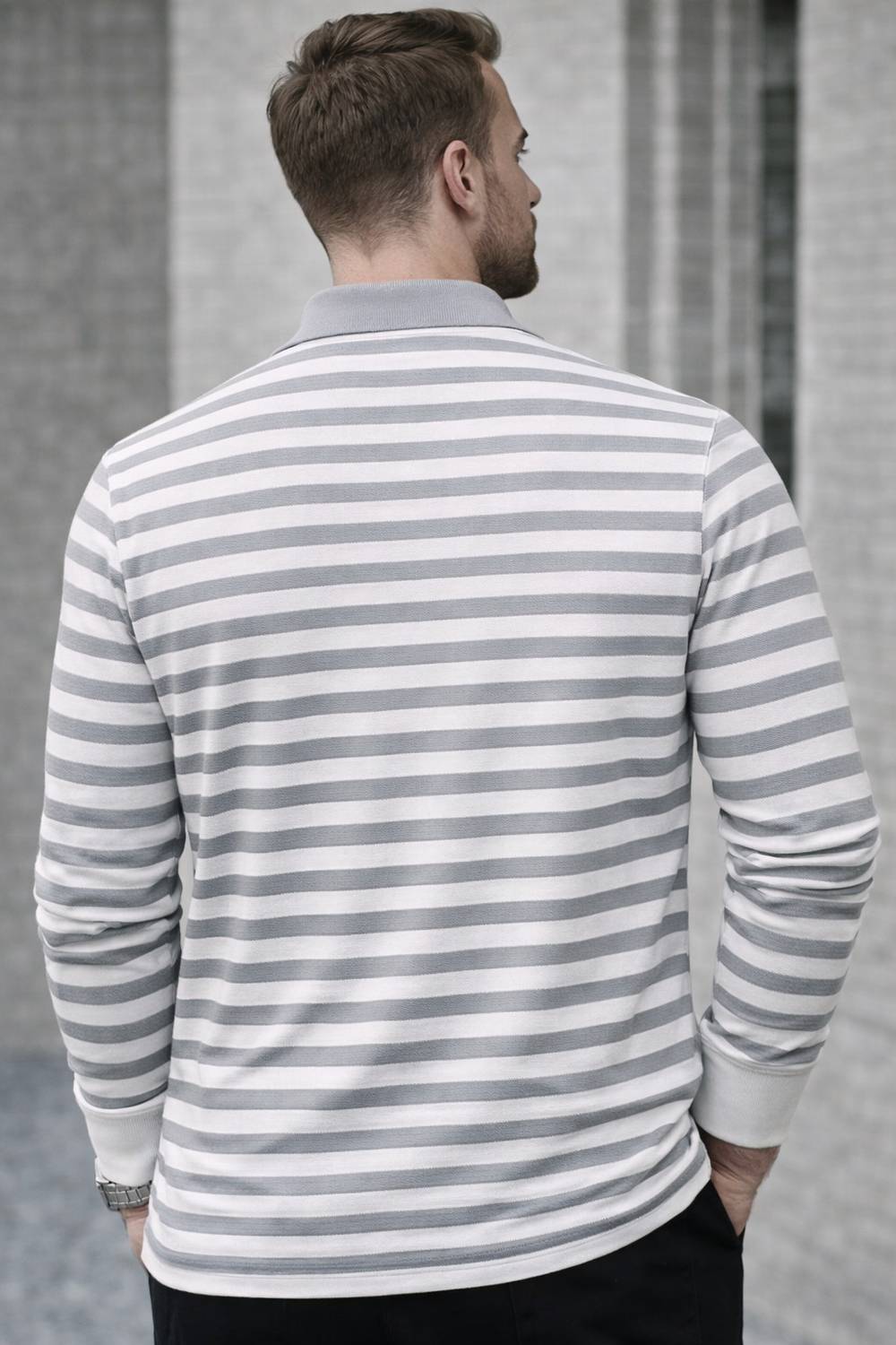 MACK JONNEY Striped Grey Polo Neck T-Shirt - Image 3