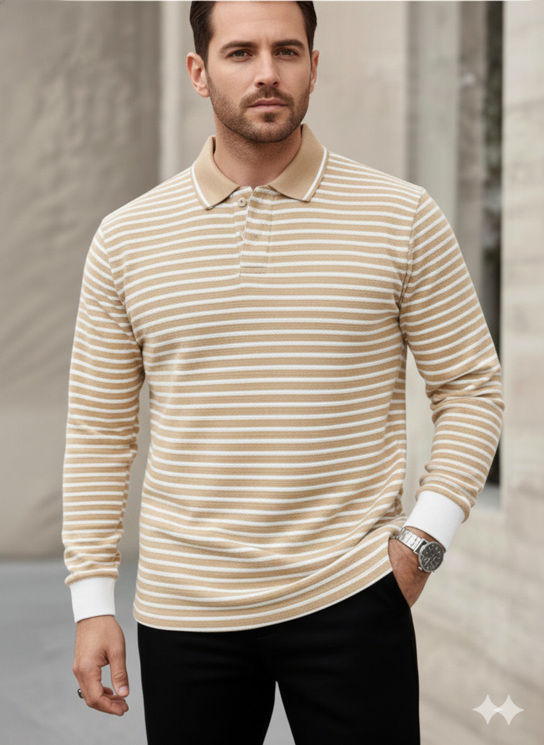 Image of METRONAUT Striped Men Polo Neck Beige T-Shirt