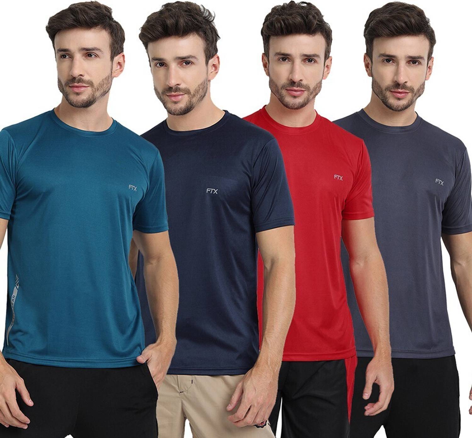 FTX Pack of 4 Men Solid Round Neck Polyester Multicolor T-Shirt