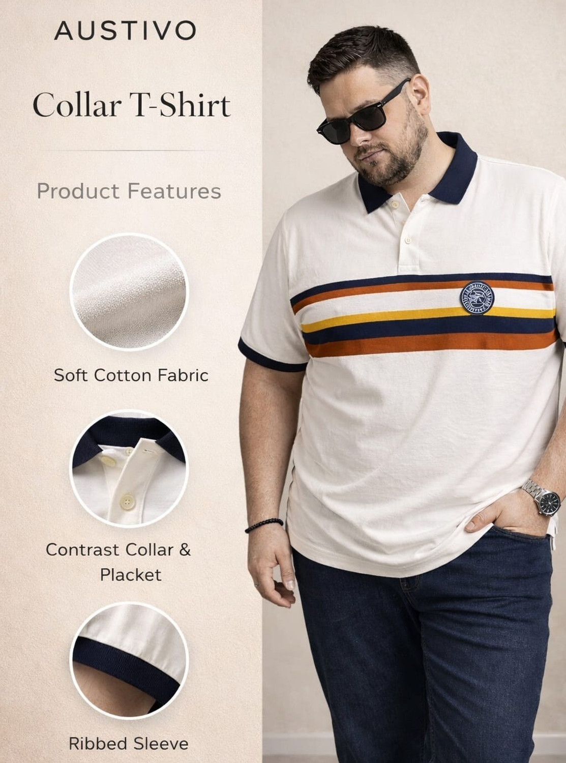 Image of Austivo Striped Men Polo Neck White T-Shirt