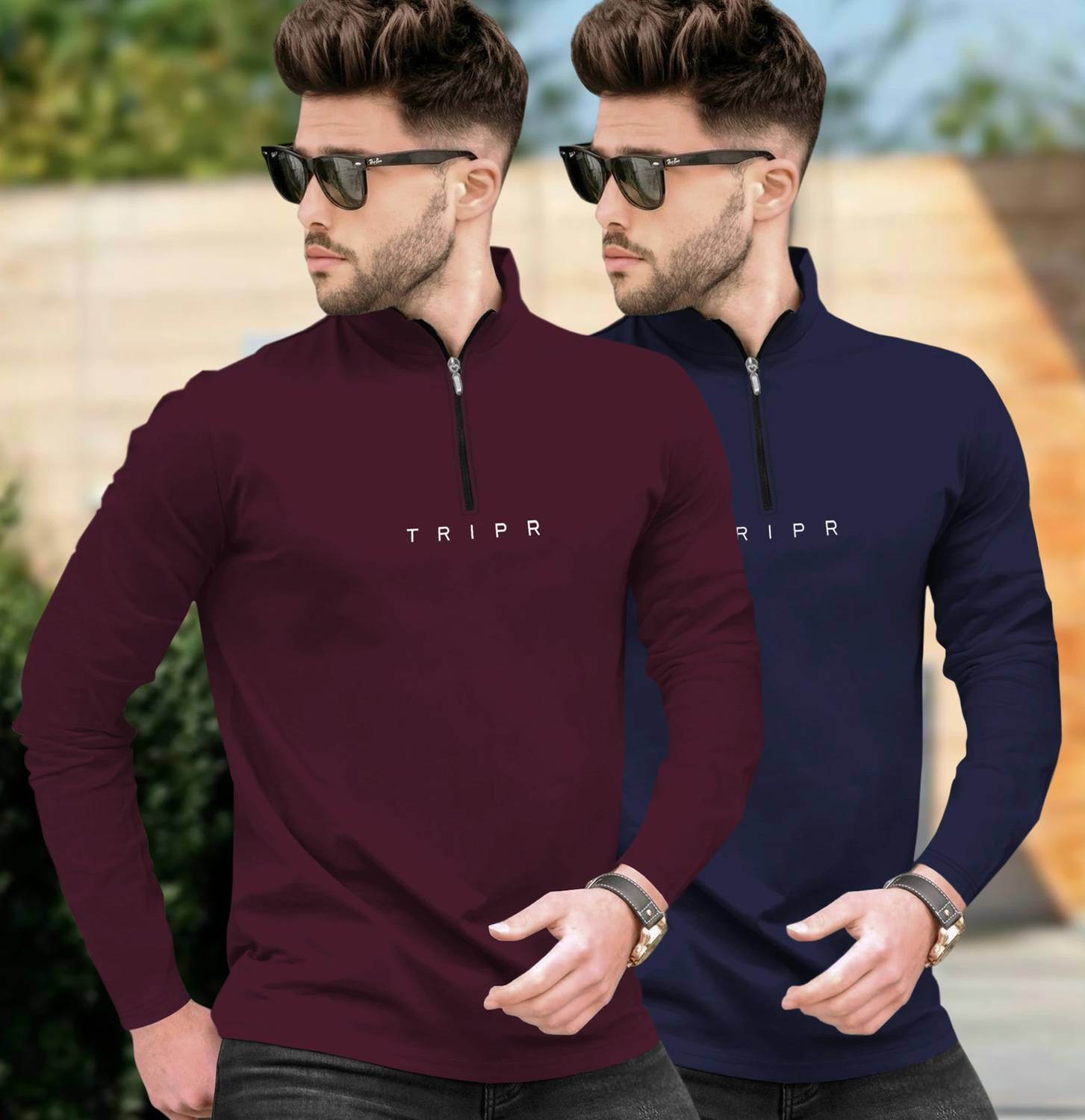 TRIPR Pack of 2 Men Solid Henley Neck Cotton Blend Maroon, Navy B