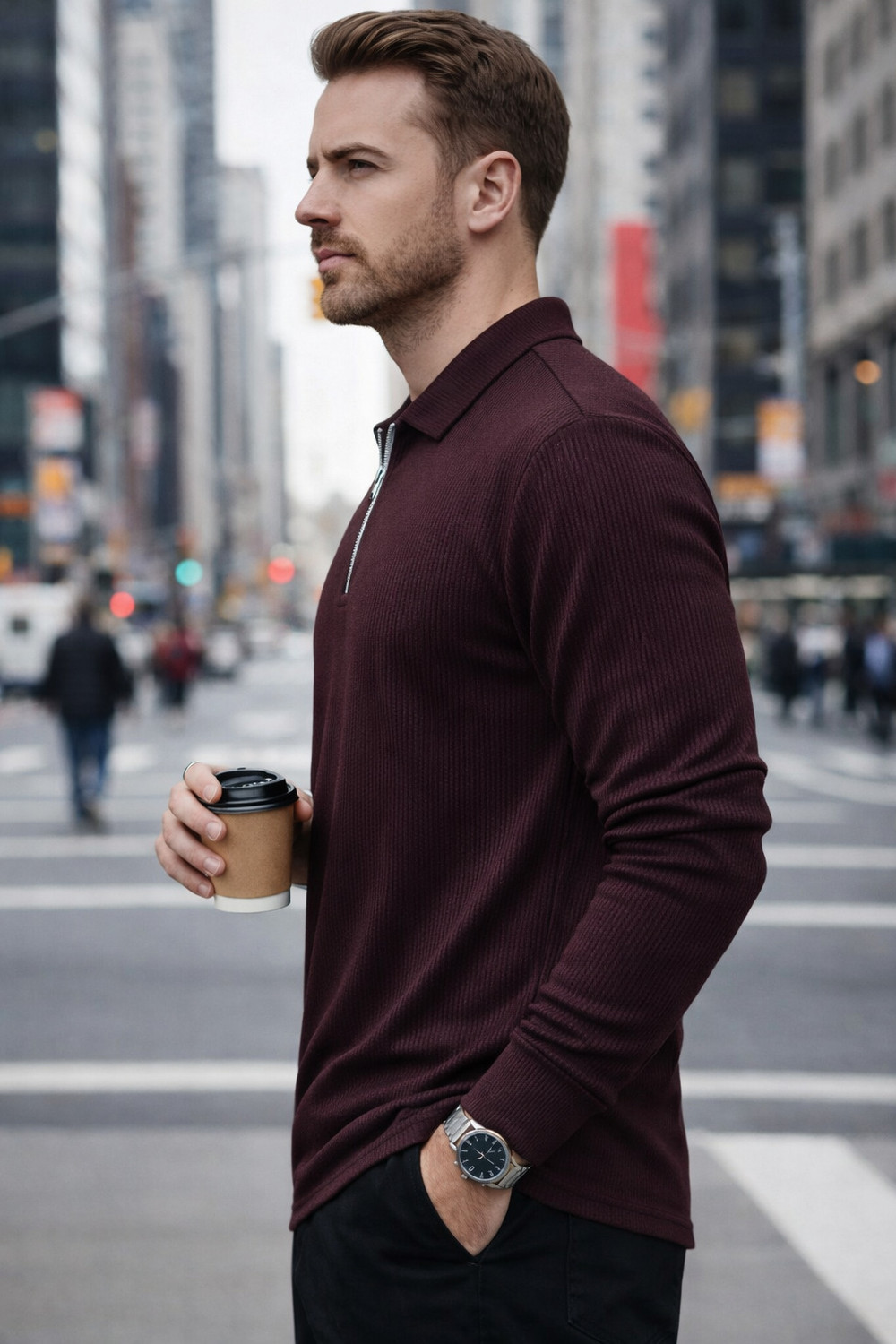 Image of MACK JONNEY Striped Men Polo Neck Maroon T-Shirt