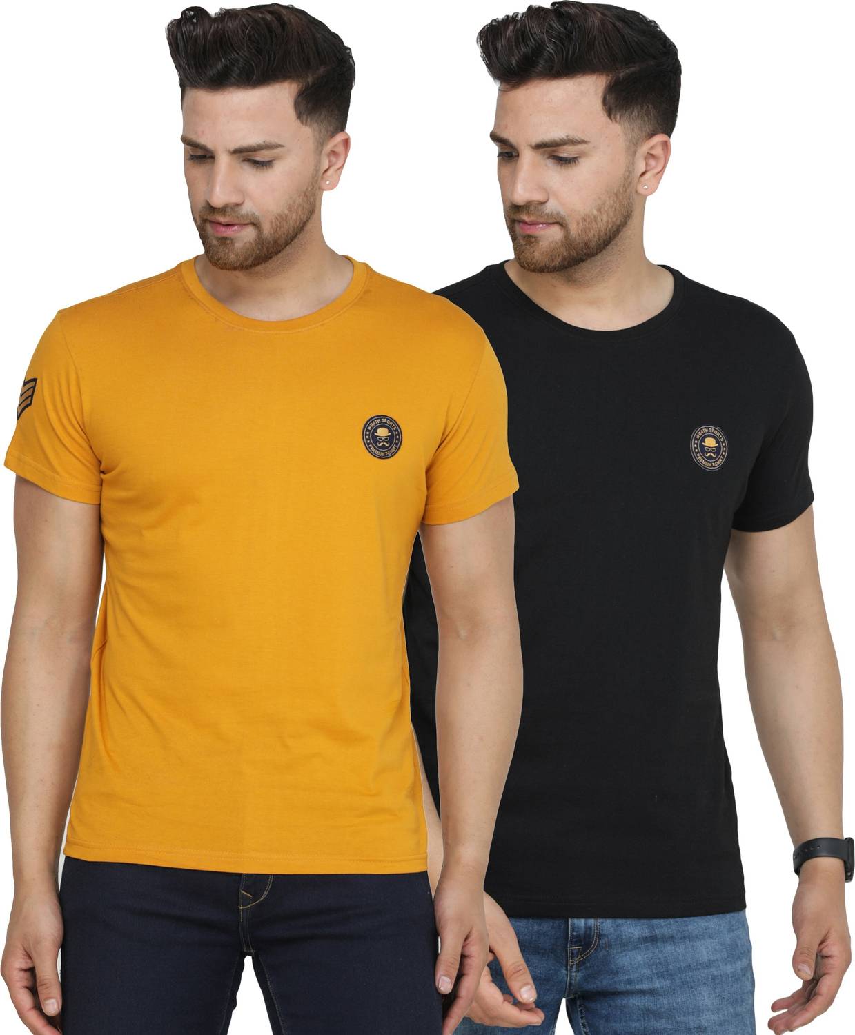 COUNTRY YARD Pack of 2 Men Solid Round Neck Pure Cotton Yellow, B