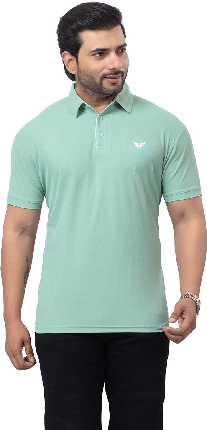 redfort Men Solid Polo Neck Cotton Blend Light Green T-Shirt