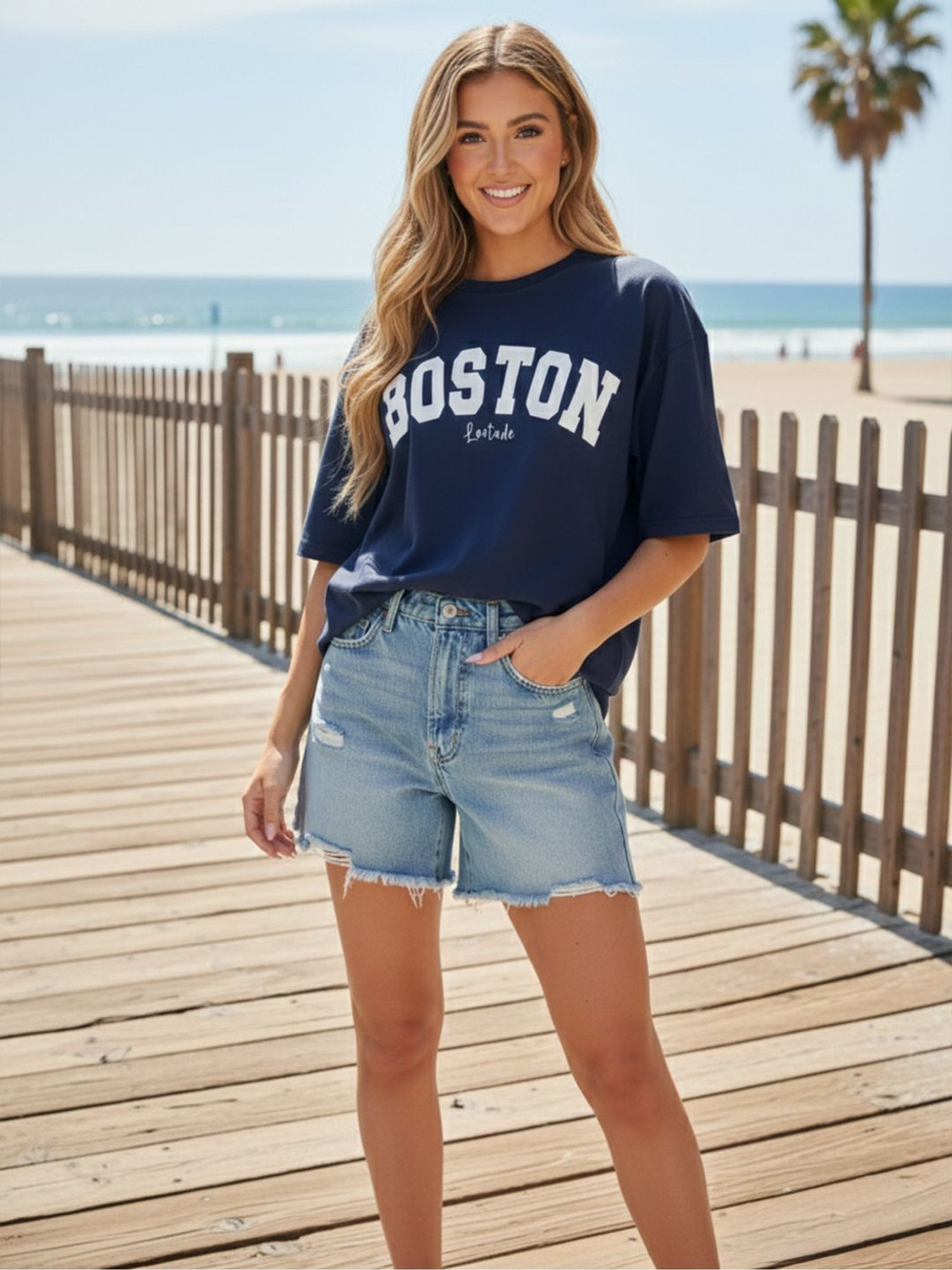 Image of JUST ROAR Printed Women Round Neck Navy Blue T-Shirt