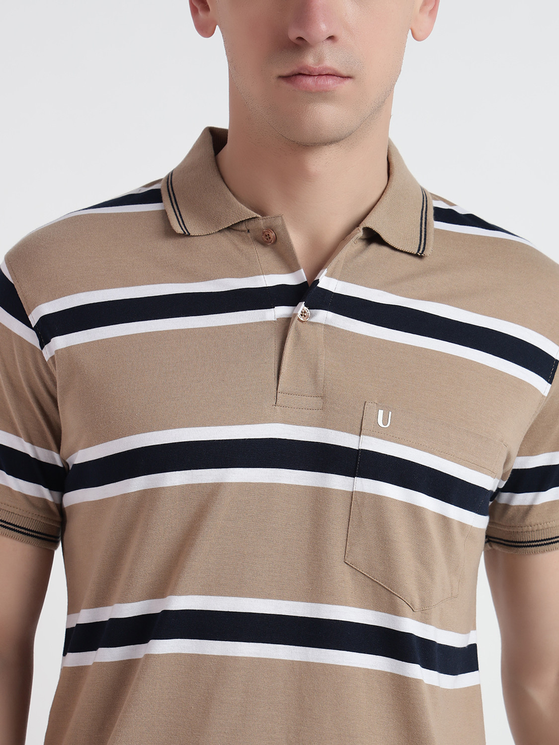 Image of UNIBERRY Striped Men Polo Neck Beige T-Shirt