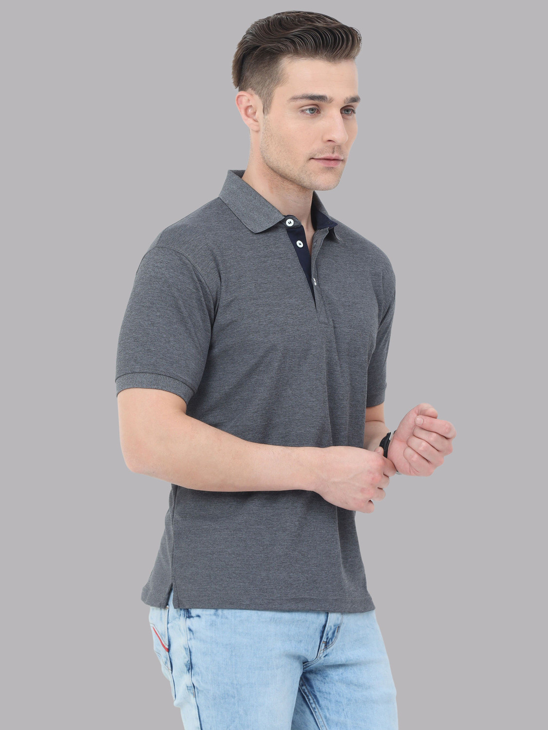 Image of VROJASS Solid Men Polo Neck Grey T-Shirt