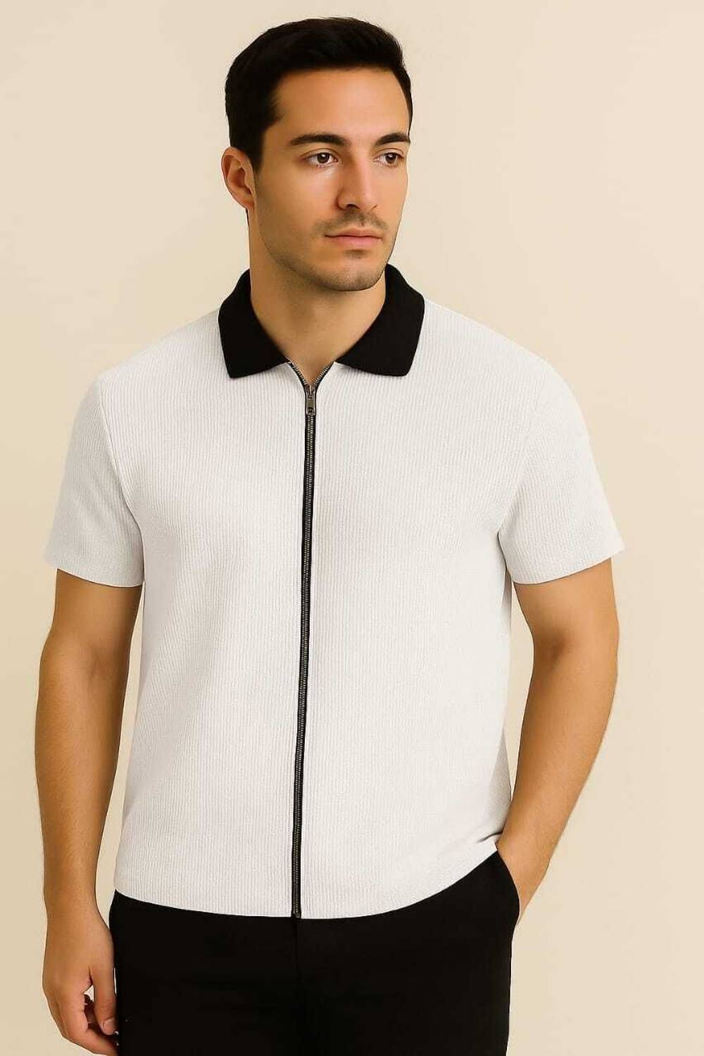 Starvy Self Design Men Zip Neck White T-Shirt