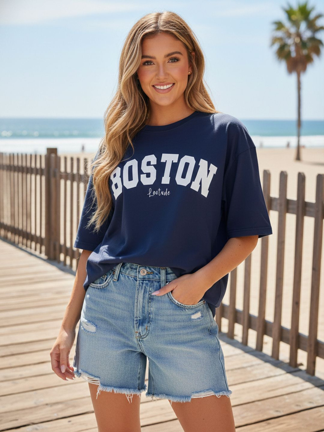 Image of JUST ROAR Printed Women Round Neck Navy Blue T-Shirt