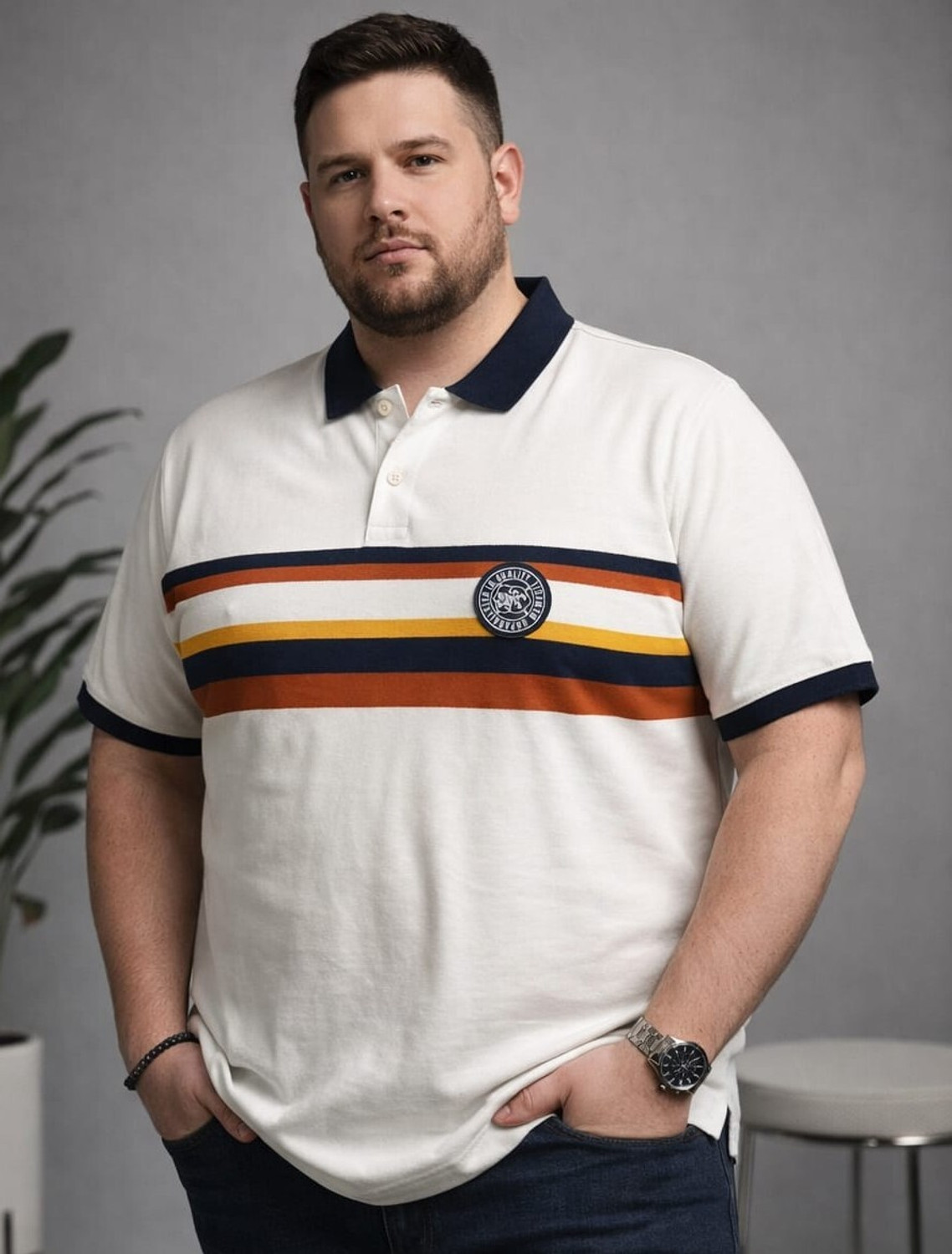 Image of Austivo Striped Men Polo Neck White T-Shirt