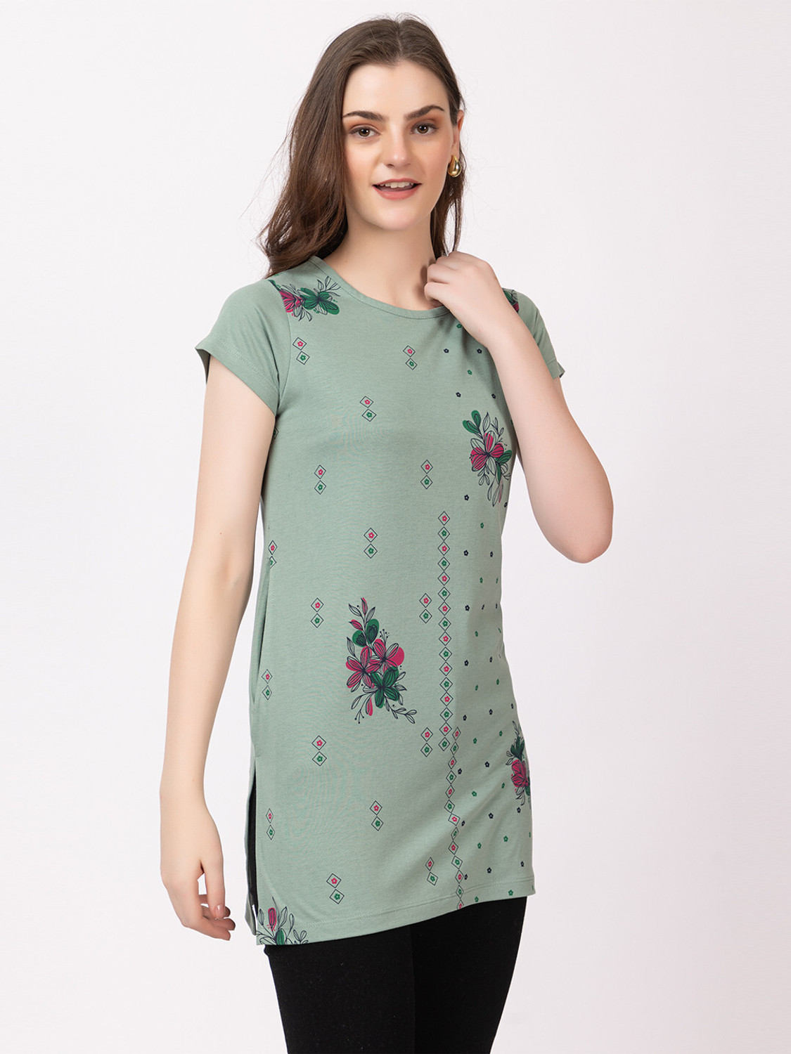 Image of Star Touch Printed Women Round Neck Light Green T-Shirt