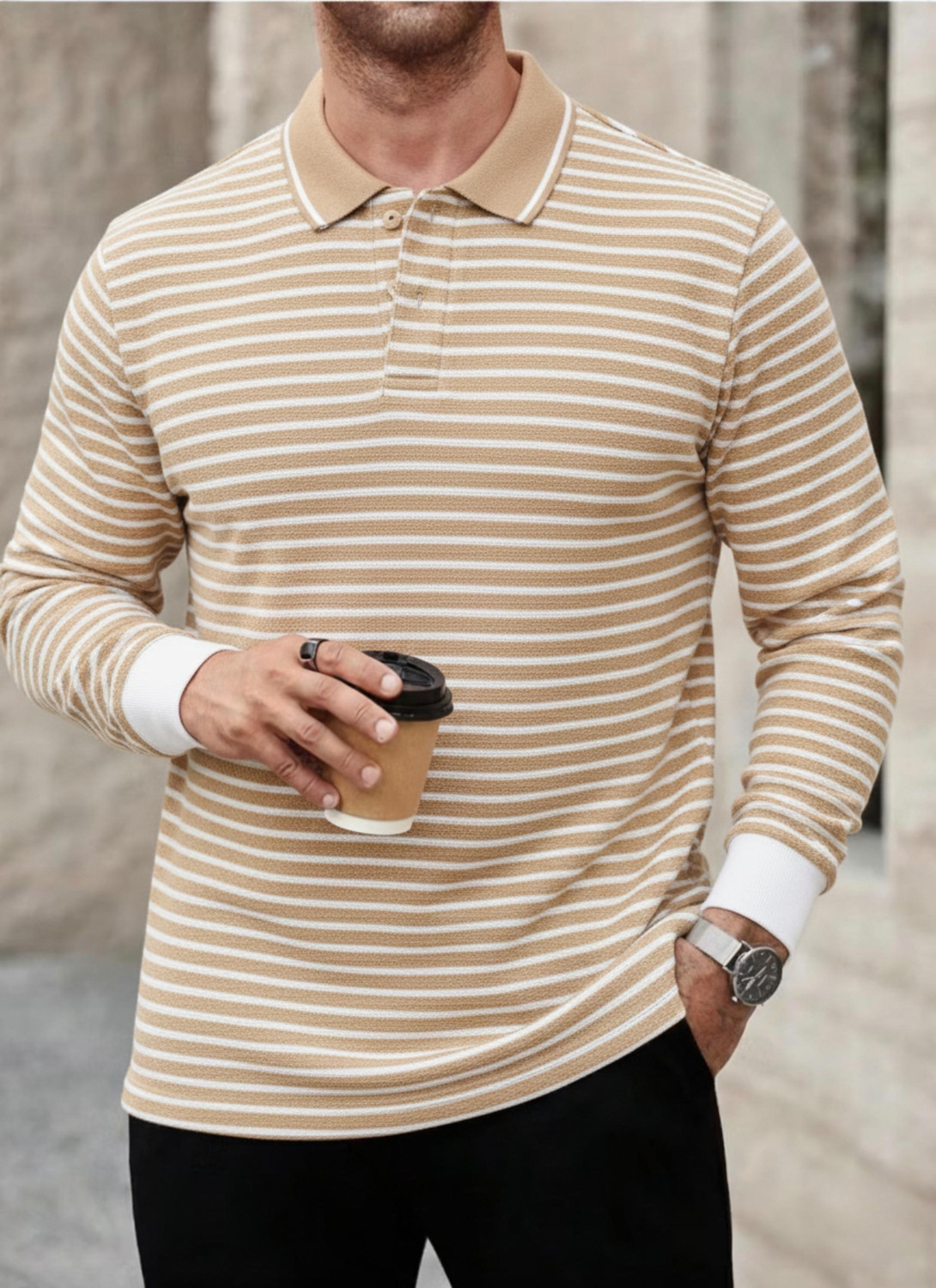 Image of METRONAUT Striped Men Polo Neck Beige T-Shirt