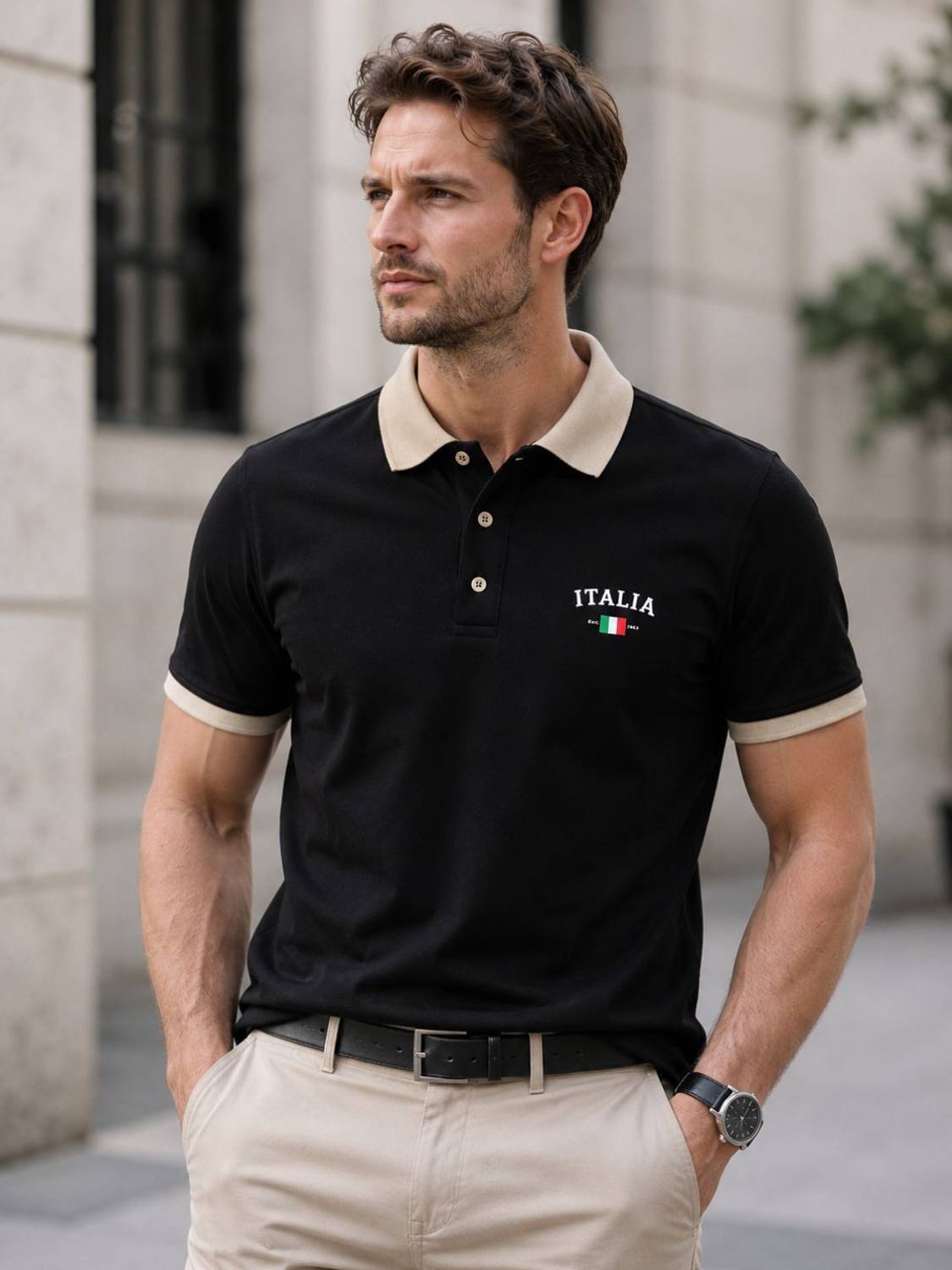 AKWINGS Solid Men Polo Neck Black, Beige T-Shirt