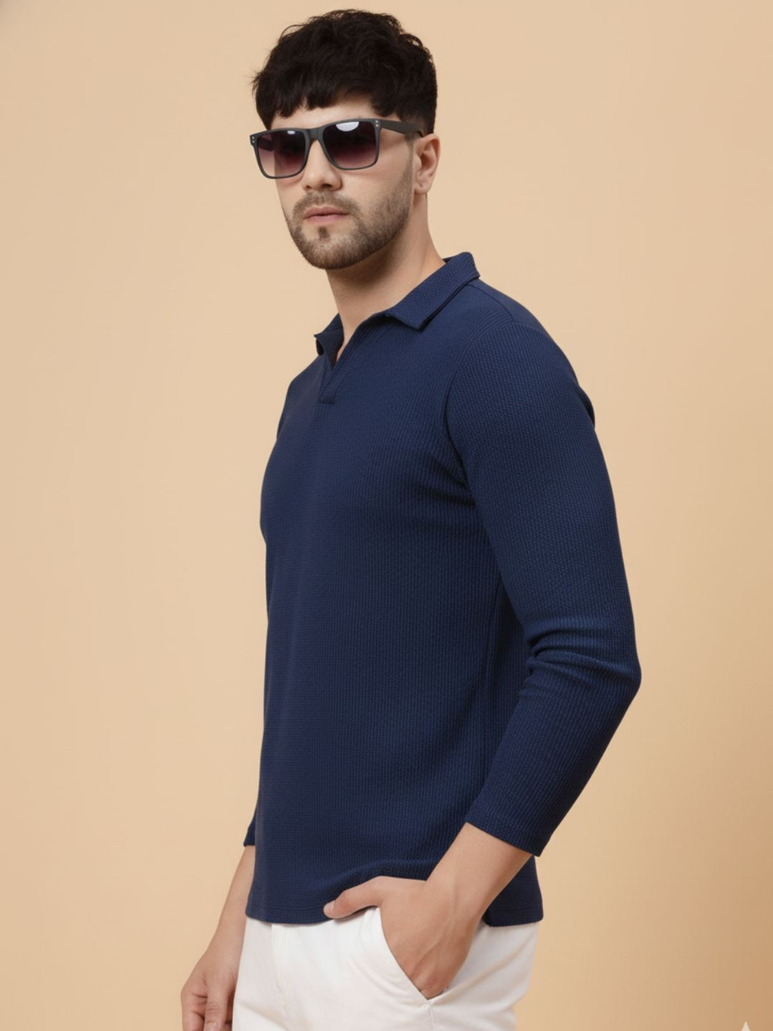 Image of RIGO Self Design Men Polo Neck Navy Blue T-Shirt