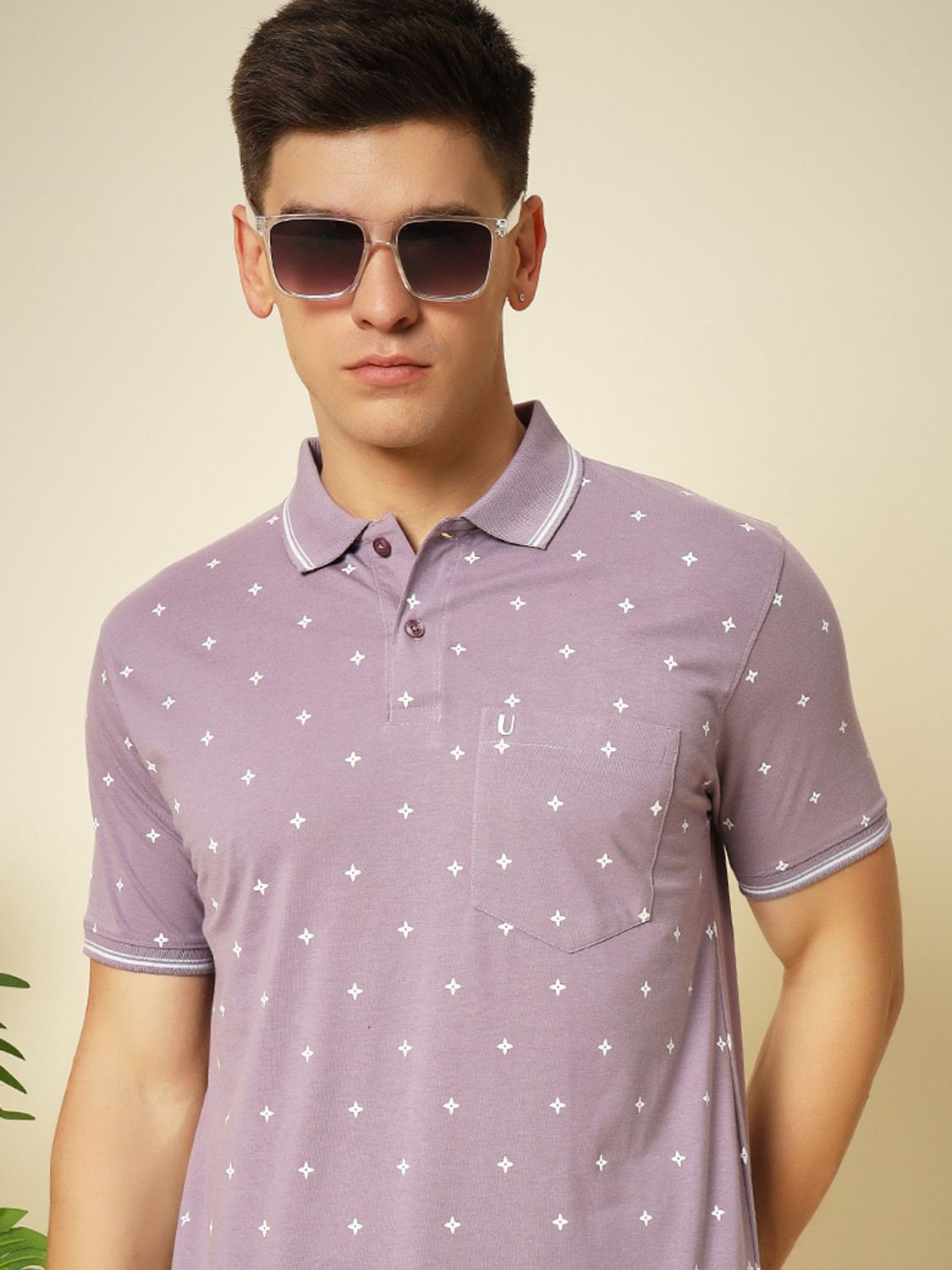 Image of UNIBERRY Printed Men Polo Neck Purple T-Shirt