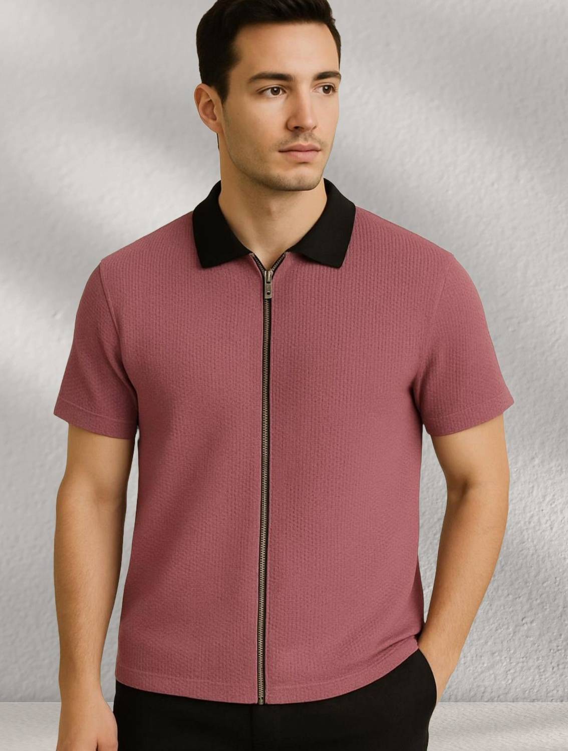 Starvy Solid Men Zip Neck Pink T-Shirt