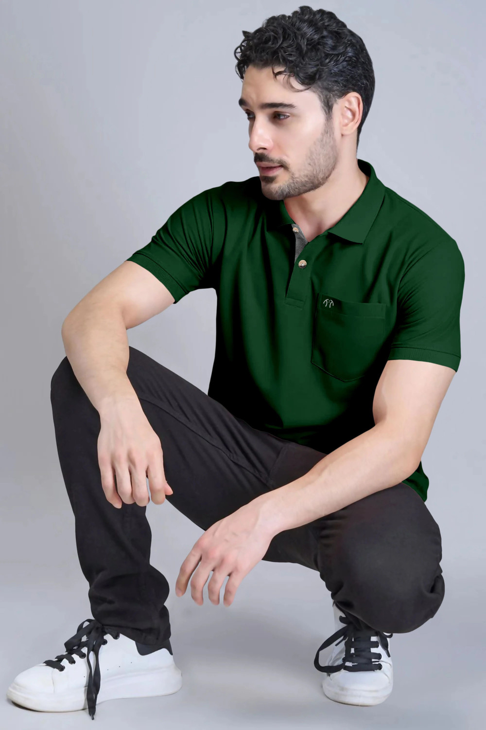 Image of Triptee Solid Men Polo Neck Dark Green T-Shirt