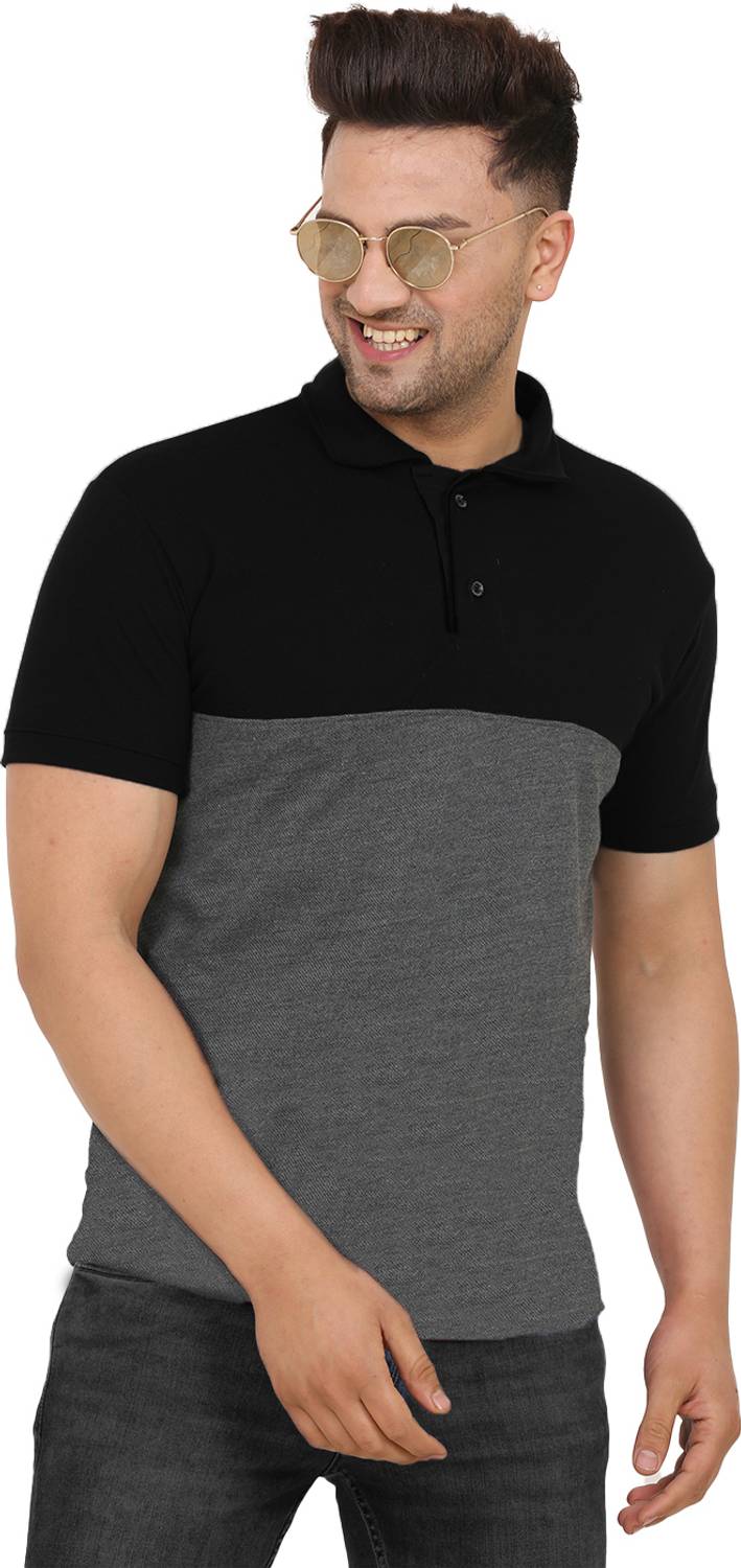 Leotude Men Colorblock Polo Neck Cotton Blend Grey T-Shirt