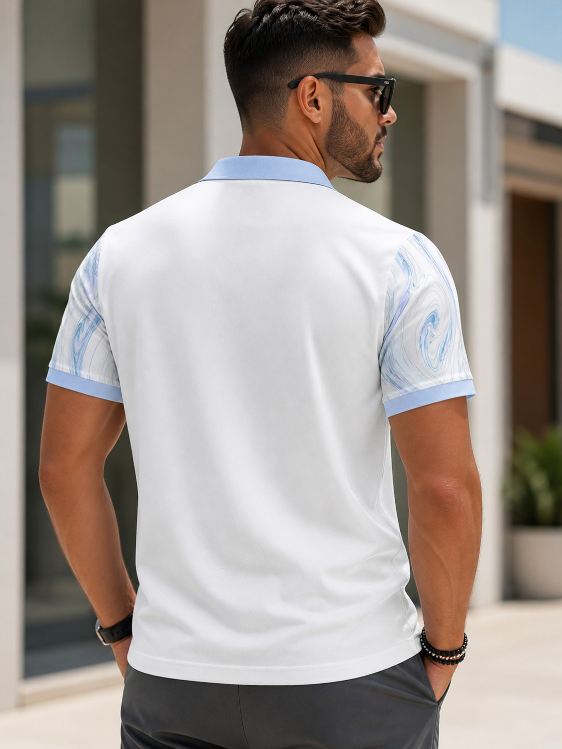 Image of BOLD VIEW Printed Men Polo Neck White, Light Blue T-Shirt