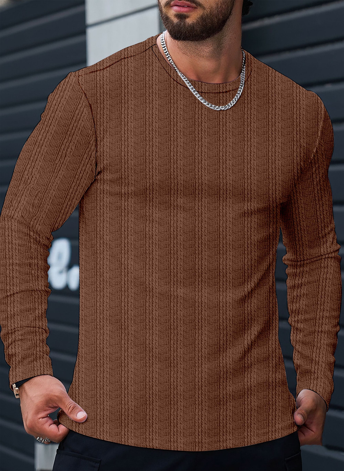 Image of COMBRAIDED Self Design Men Round Neck Brown T-Shirt