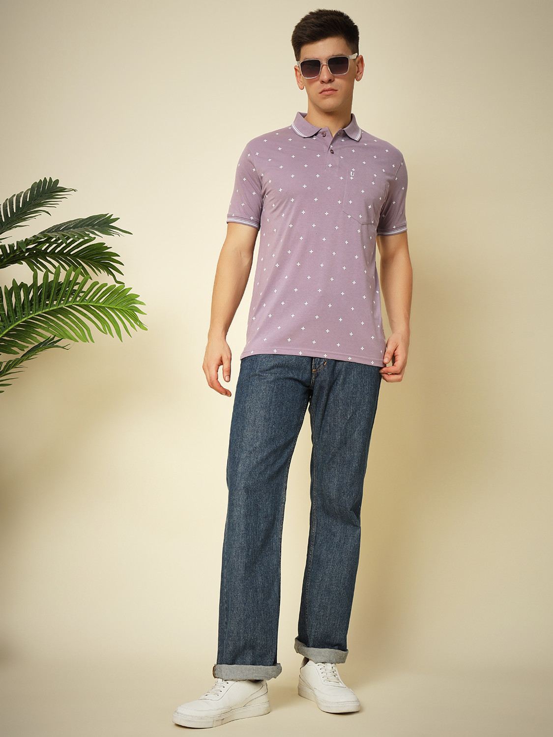 Image of UNIBERRY Printed Men Polo Neck Purple T-Shirt