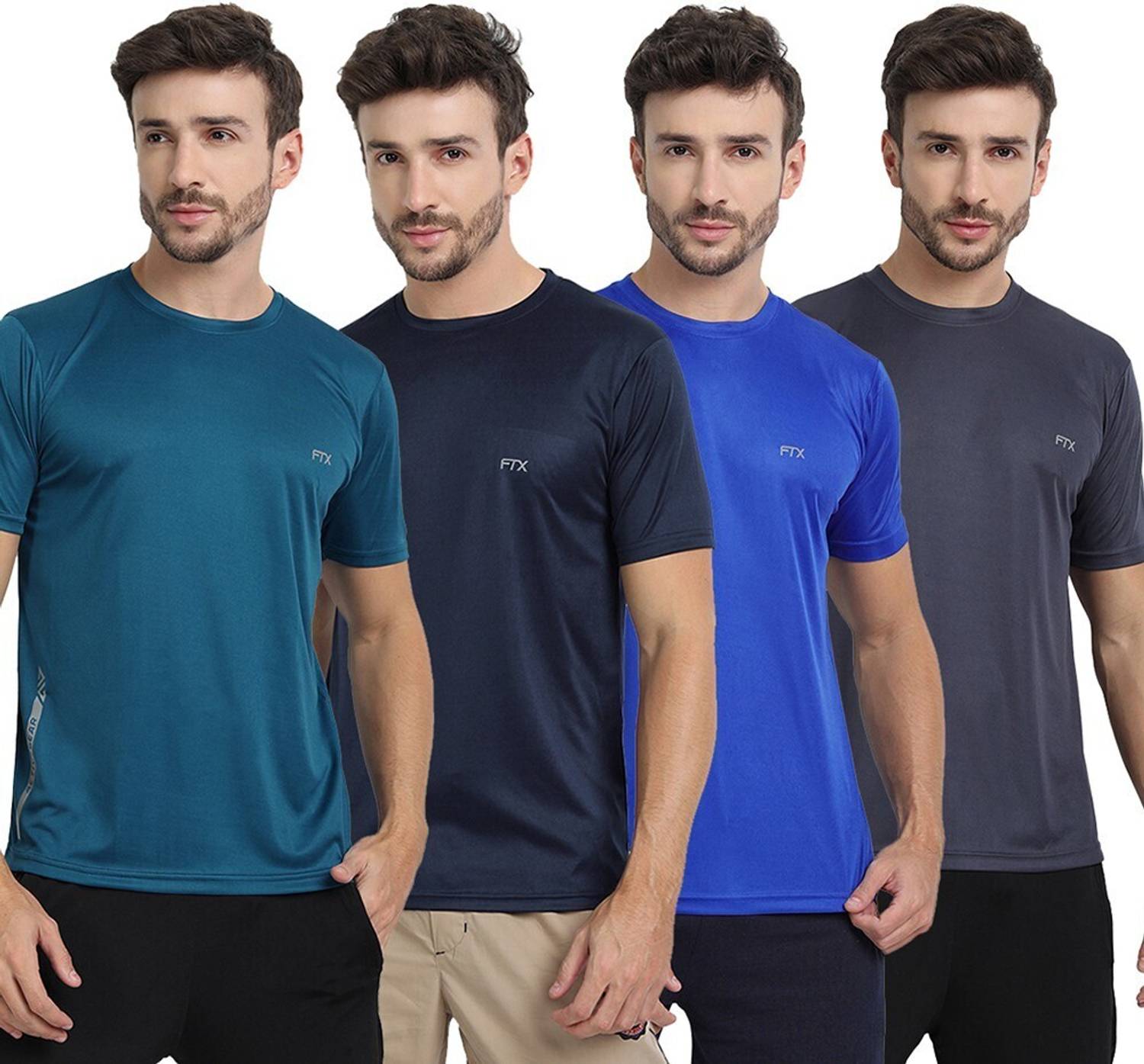 FTX Pack of 4 Men Solid Round Neck Polyester Multicolor T-Shirt