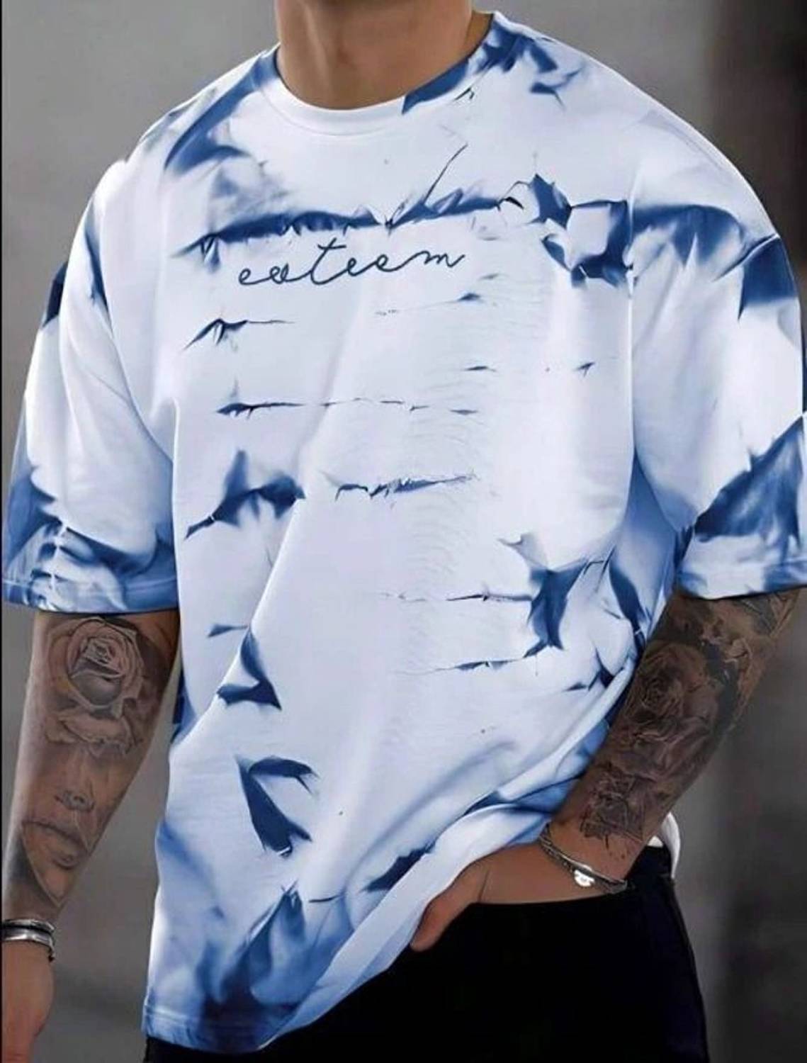 AZIZAN Men Printed Round Neck Cotton Blend Blue T-Shirt