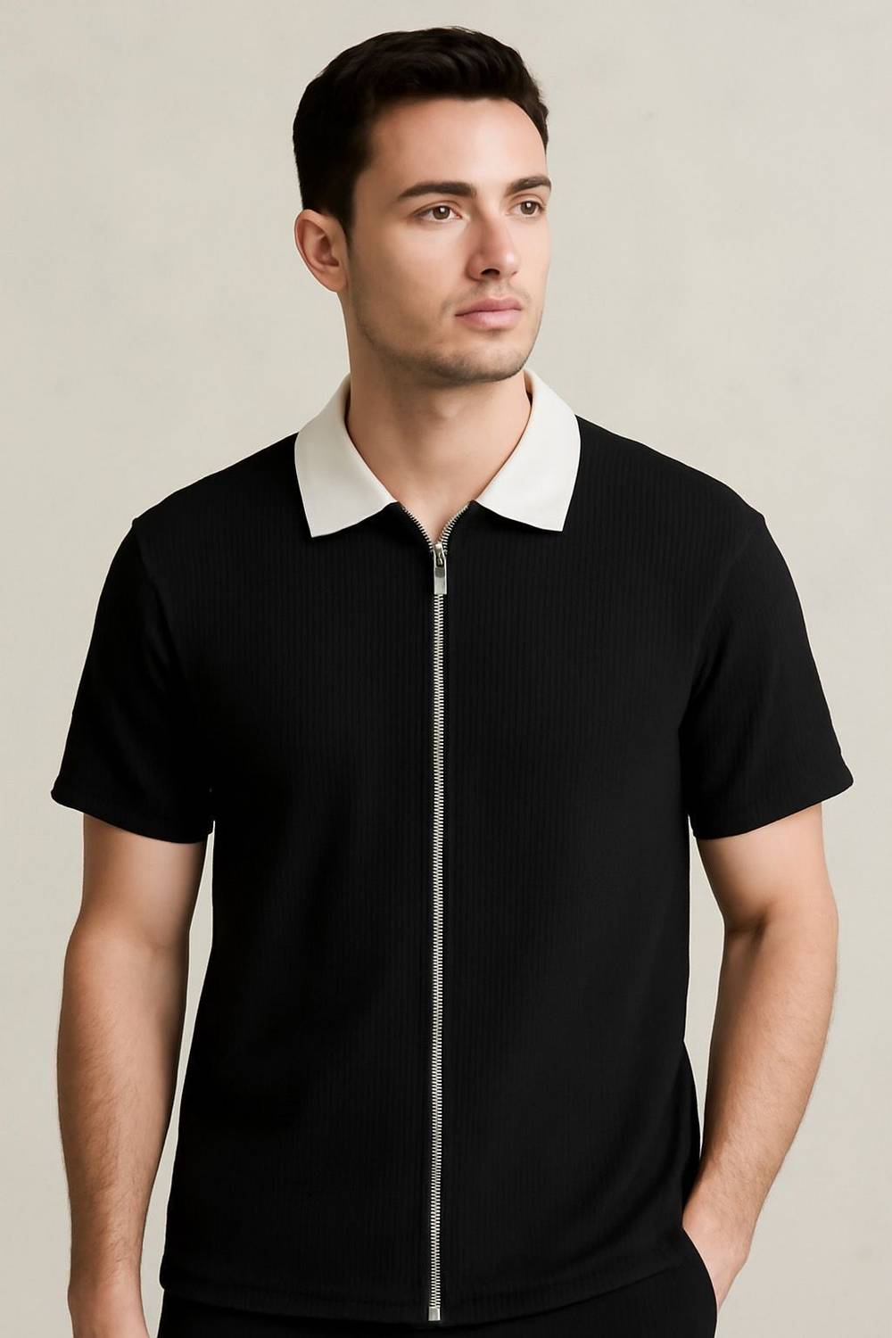 Starvy Self Design Men Zip Neck Black T-Shirt