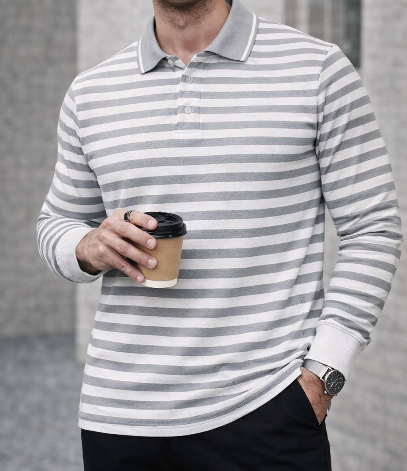 MACK JONNEY Striped Grey Polo Neck T-Shirt - Image 1