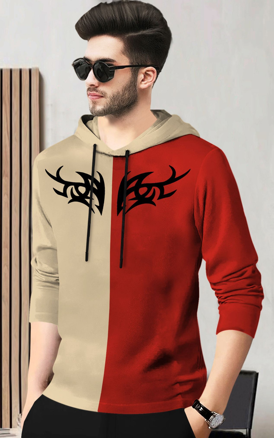 Image of BLIVE Printed Men Hooded Neck Beige, Red T-Shirt
