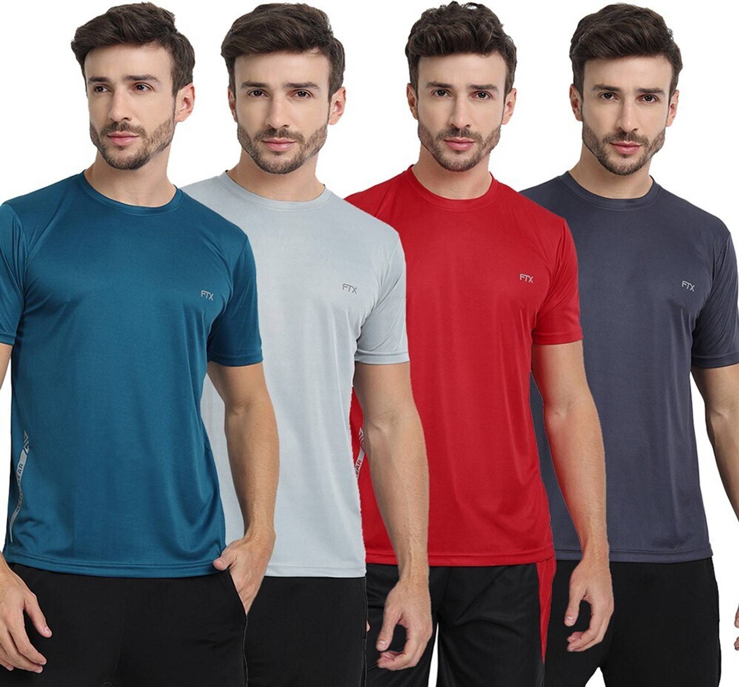 FTX Pack of 4 Men Solid Round Neck Polyester Multicolor T-Shirt