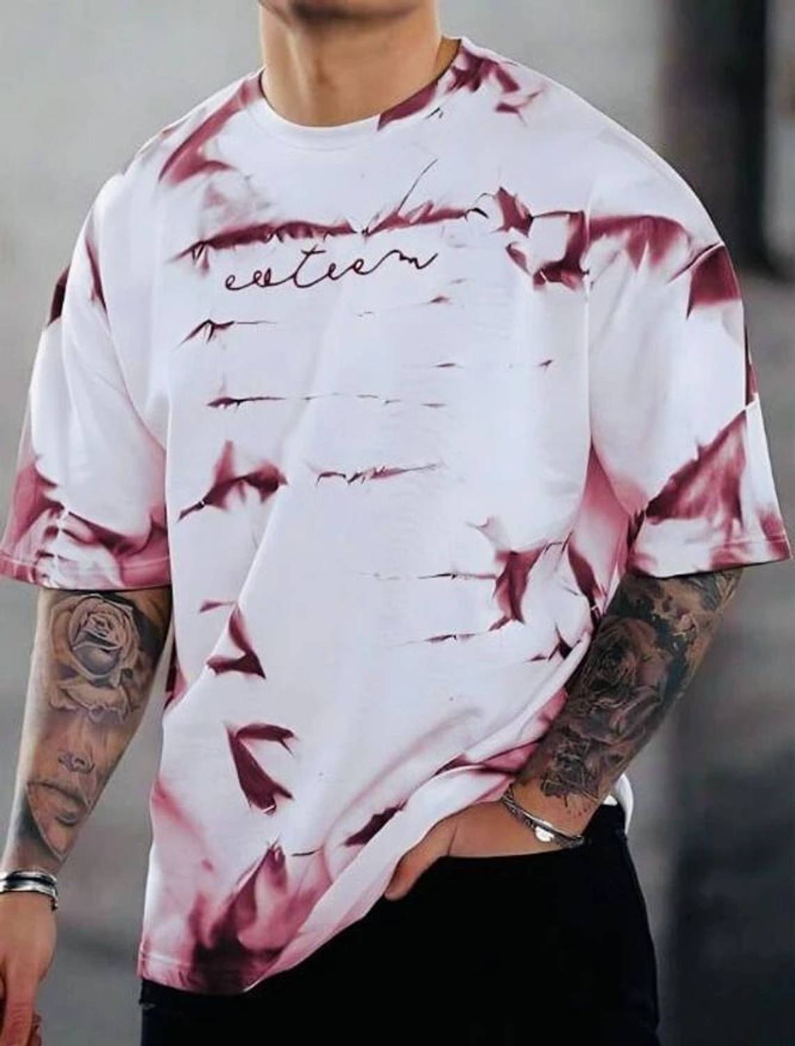 AZIZAN Men Printed Round Neck Cotton Blend White, Maroon T-Shirt