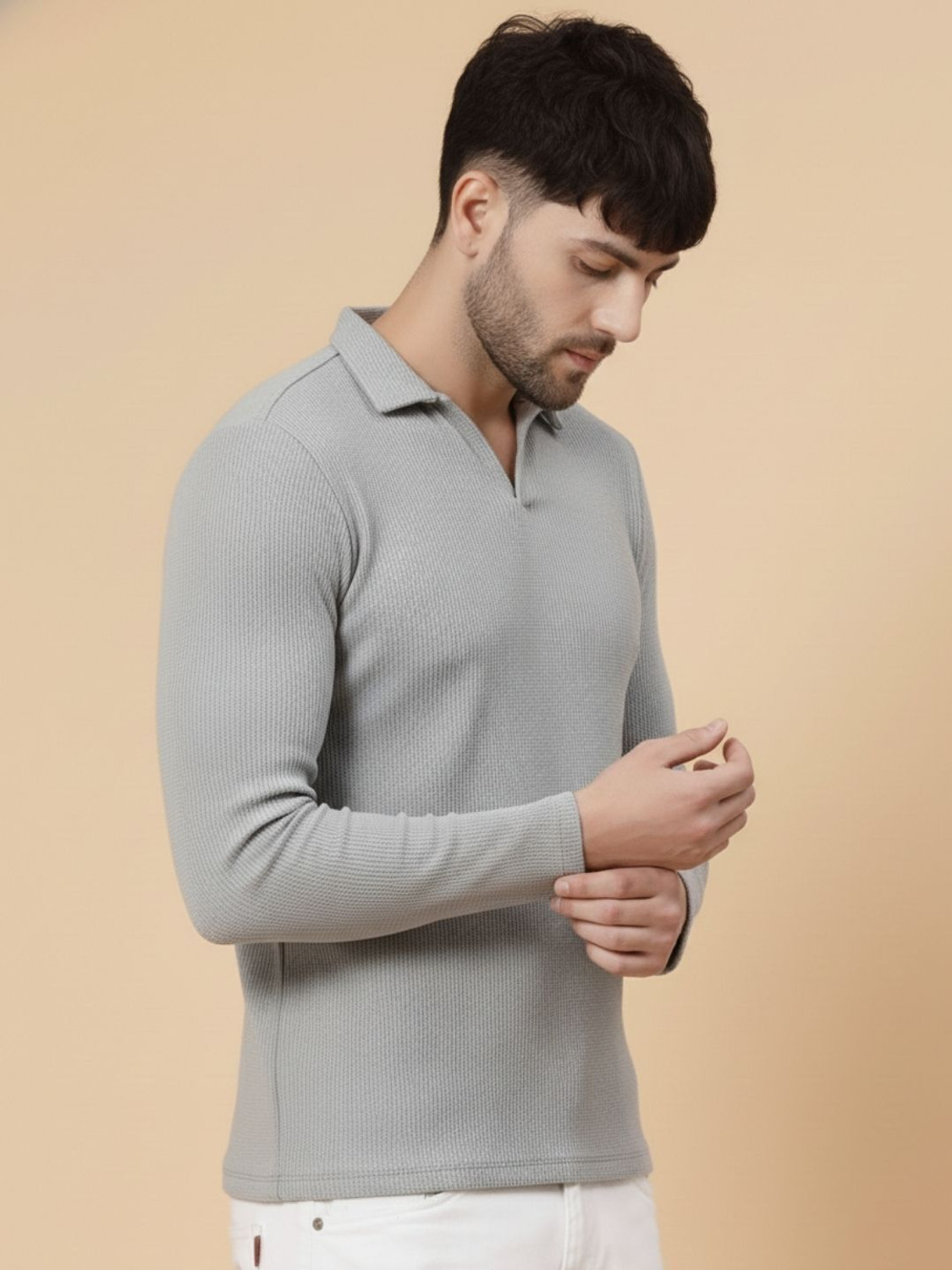 Image of METRONAUT Self Design Men Polo Neck Grey T-Shirt