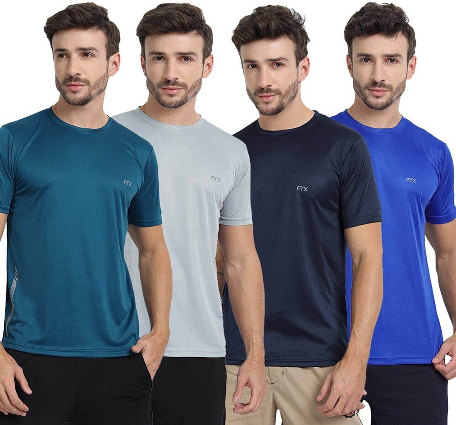 FTX Pack of 4 Men Solid Round Neck Polyester Multicolor T-Shirt