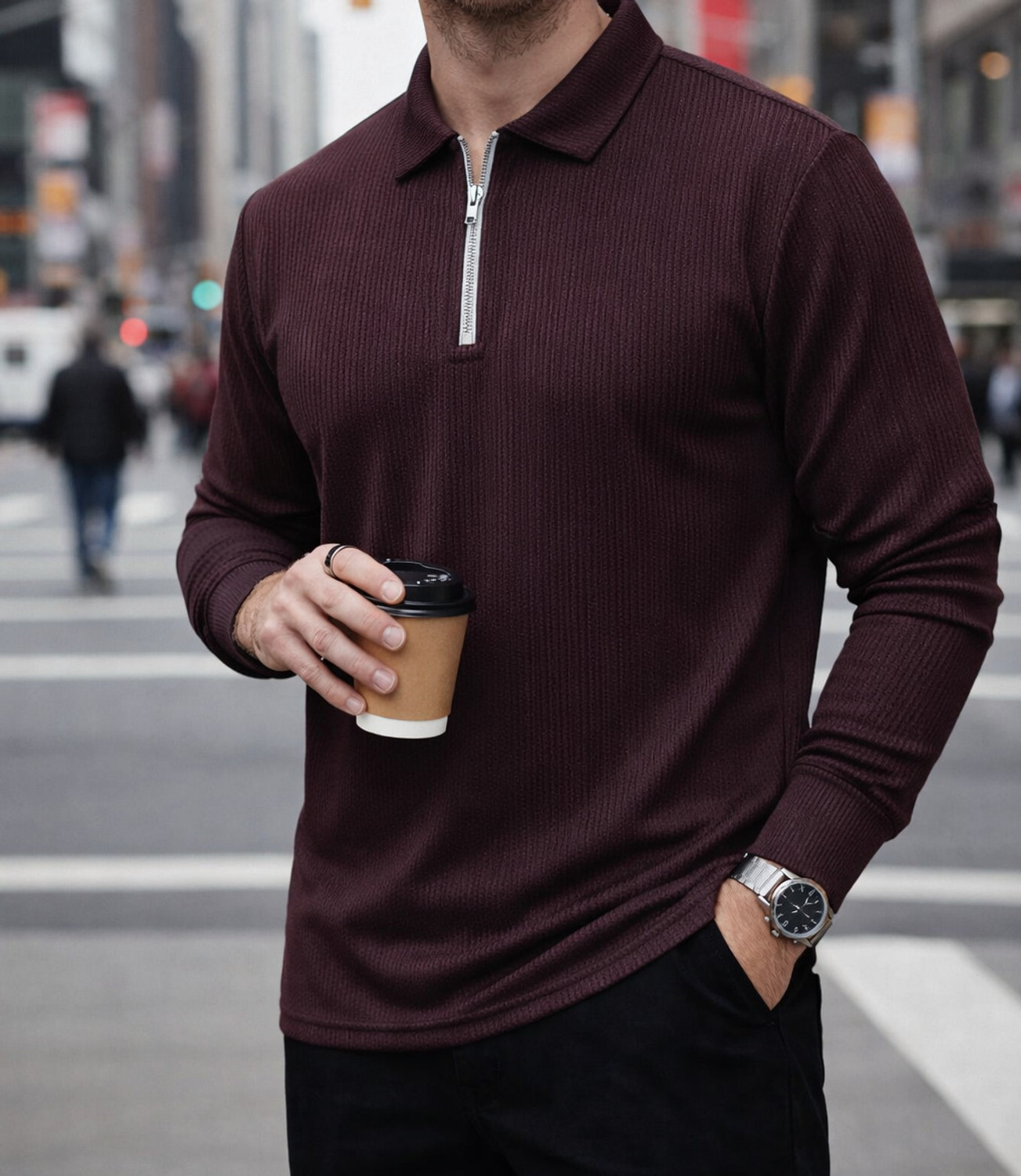 Image of METRONAUT Solid Men Zip Neck Maroon T-Shirt