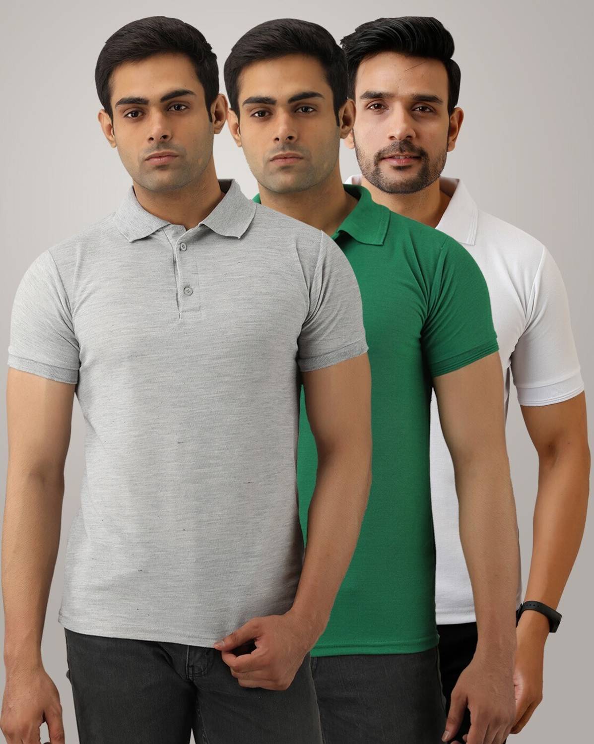 ACENTEO Solid Men Polo Neck Green, White, Grey T-Shirt
