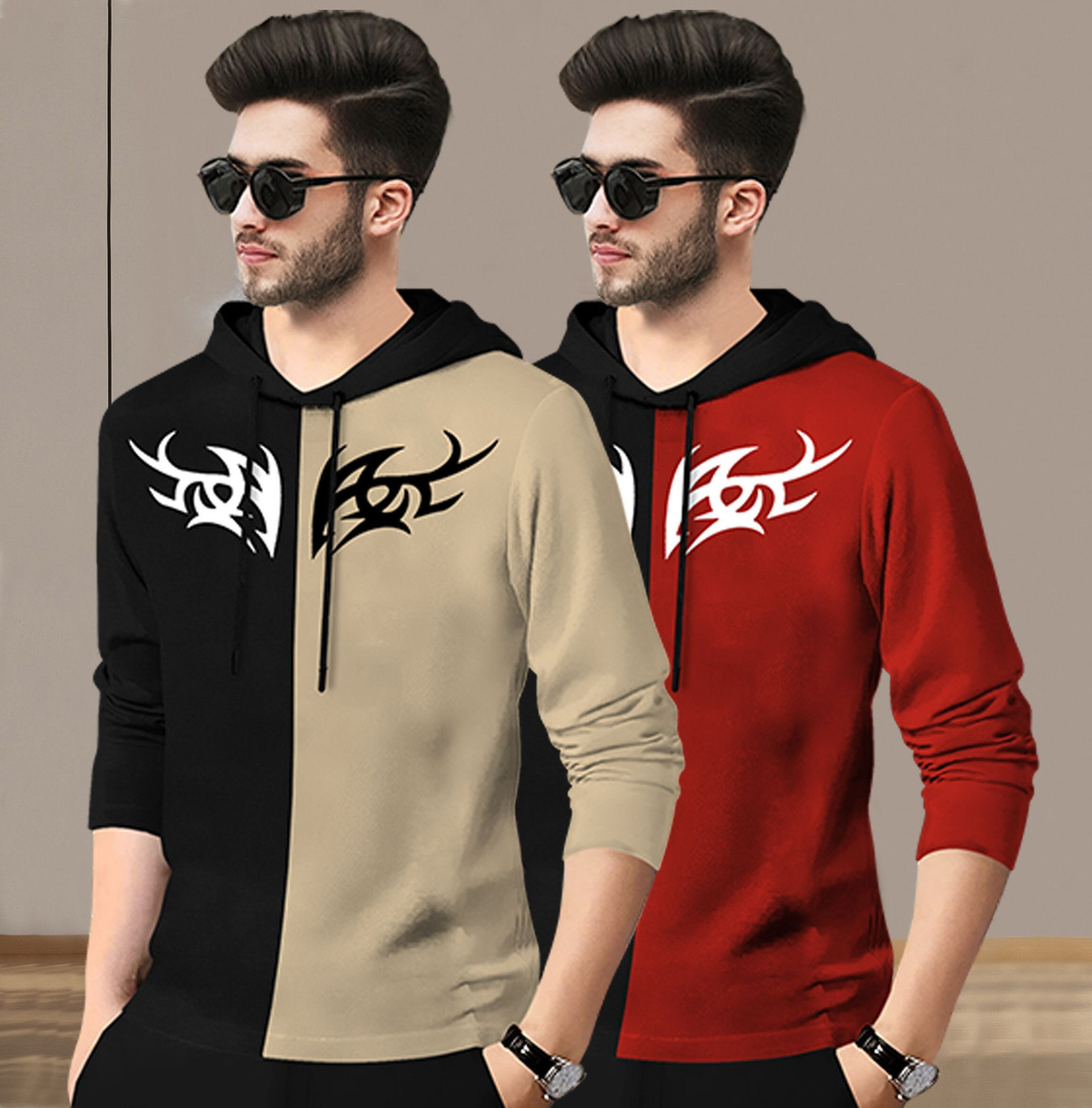 Image of BLIVE Printed Men Hooded Neck Black, Beige, Red T-Shirt