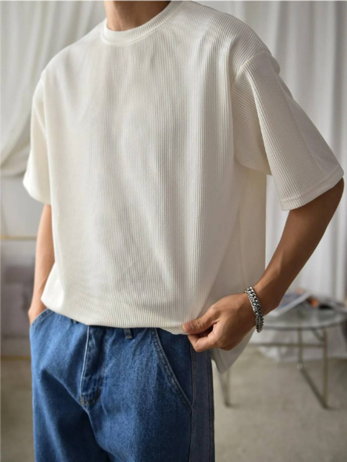 RUNNING MACHINE Men's Striped White Round Neck T-Shirt - Image 5